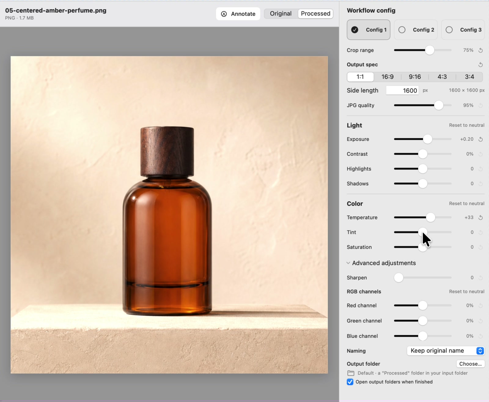 SizeFold adjusting a product photo locally on a Mac