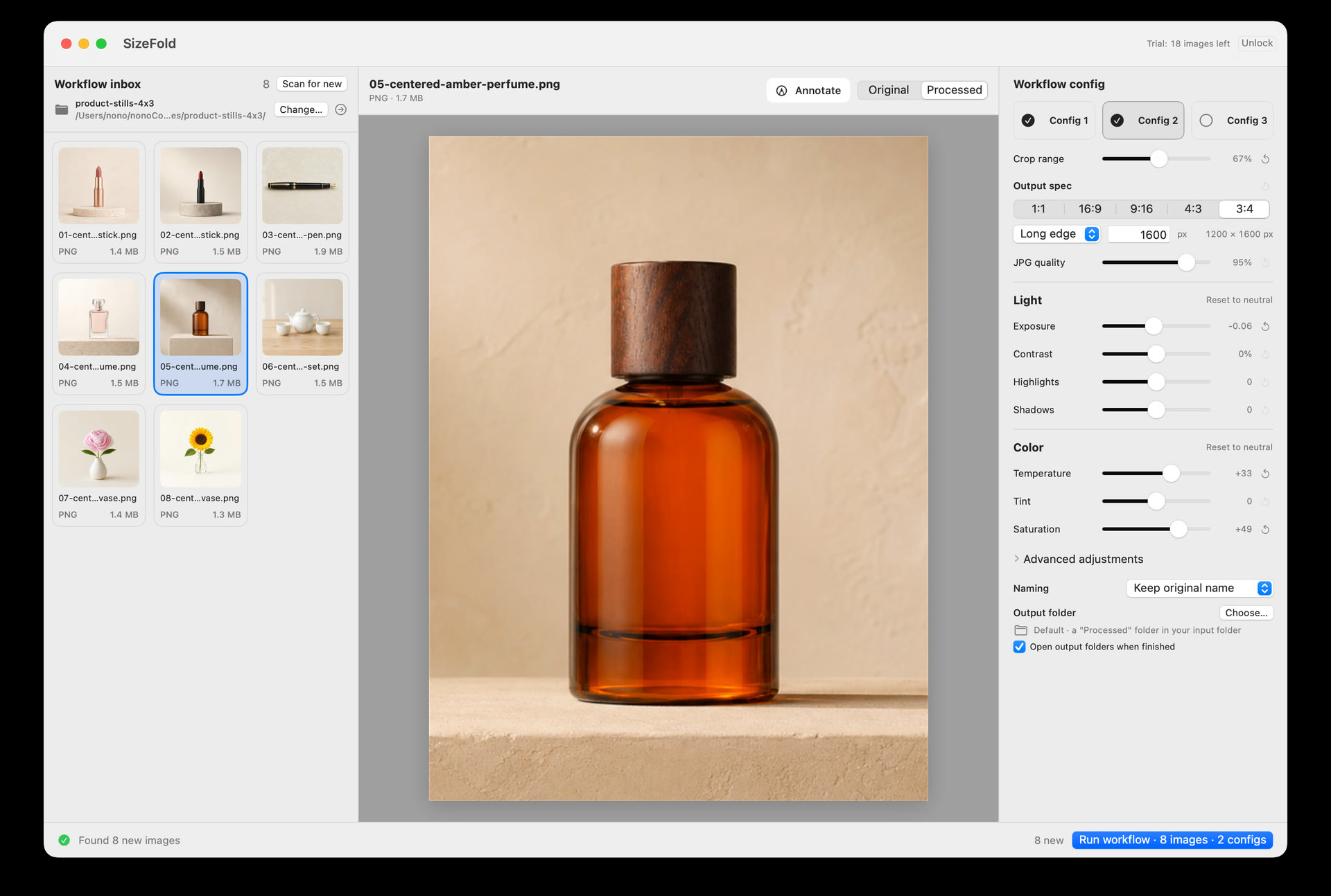 SizeFold showing a complete product photo batch workflow